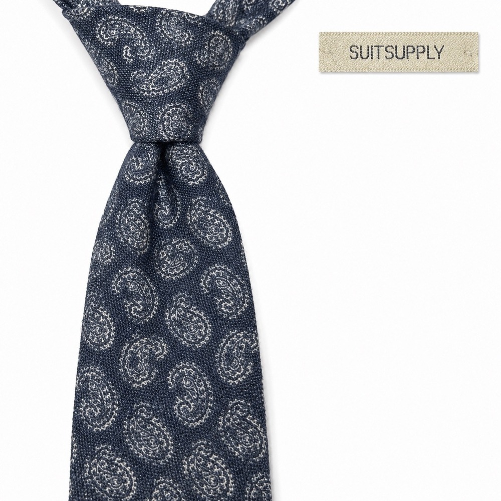 SuitSupply Mens Navy Blue Paisley 100% Linen Tie Made in Italy Classic Necktie